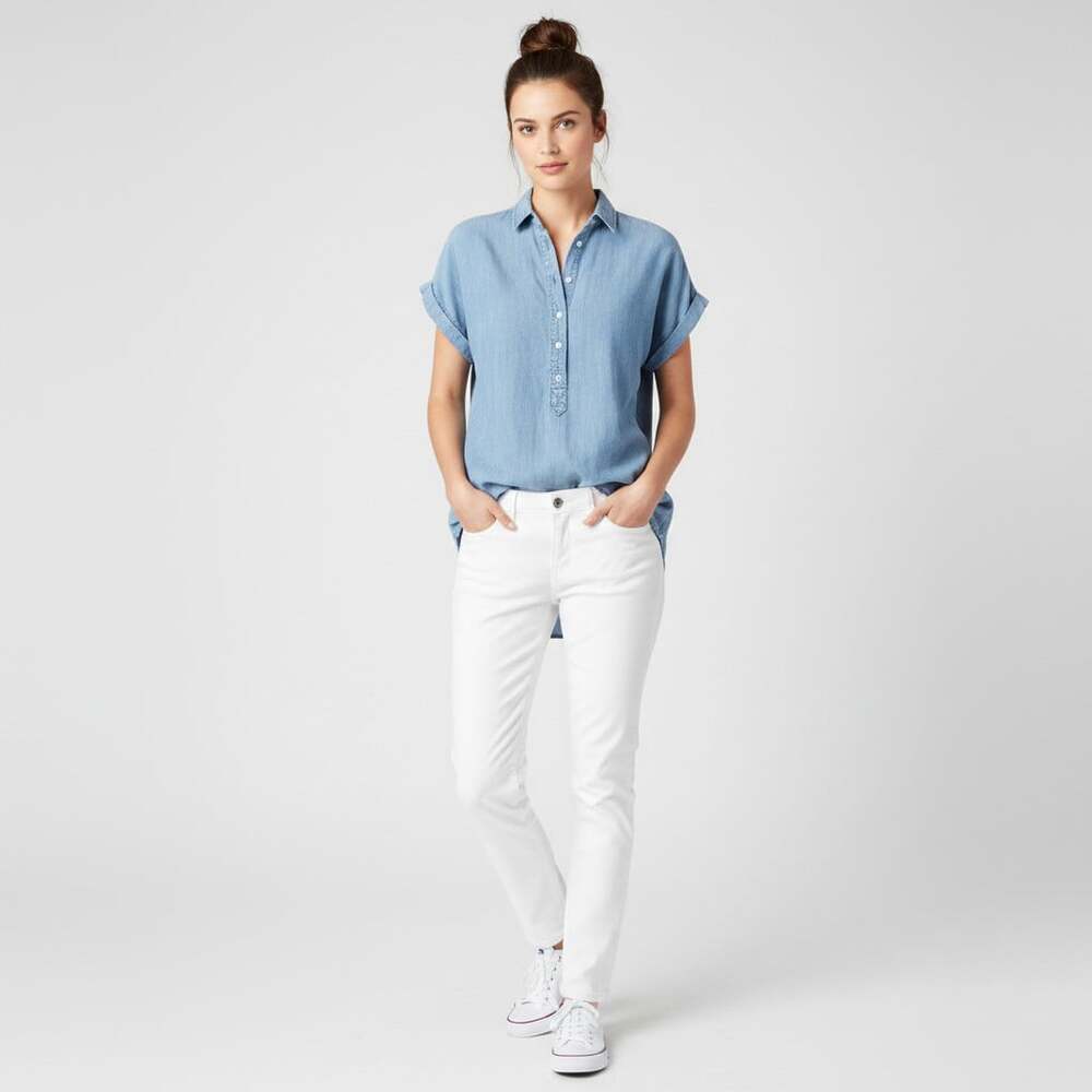 J Crew Chambray Shirt Womens 4 Light Blue Cap Sleeve Button Down Hi Lo Hem